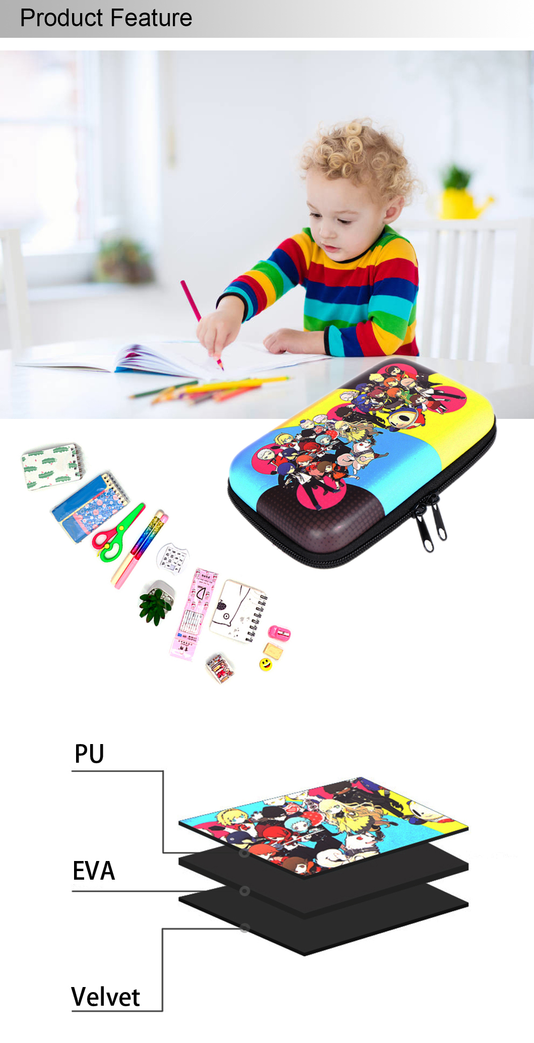 Cute EVA Pencil Case Multi-Compartment Pencil Box Durable Pen Pouch for Kids Students(图1)